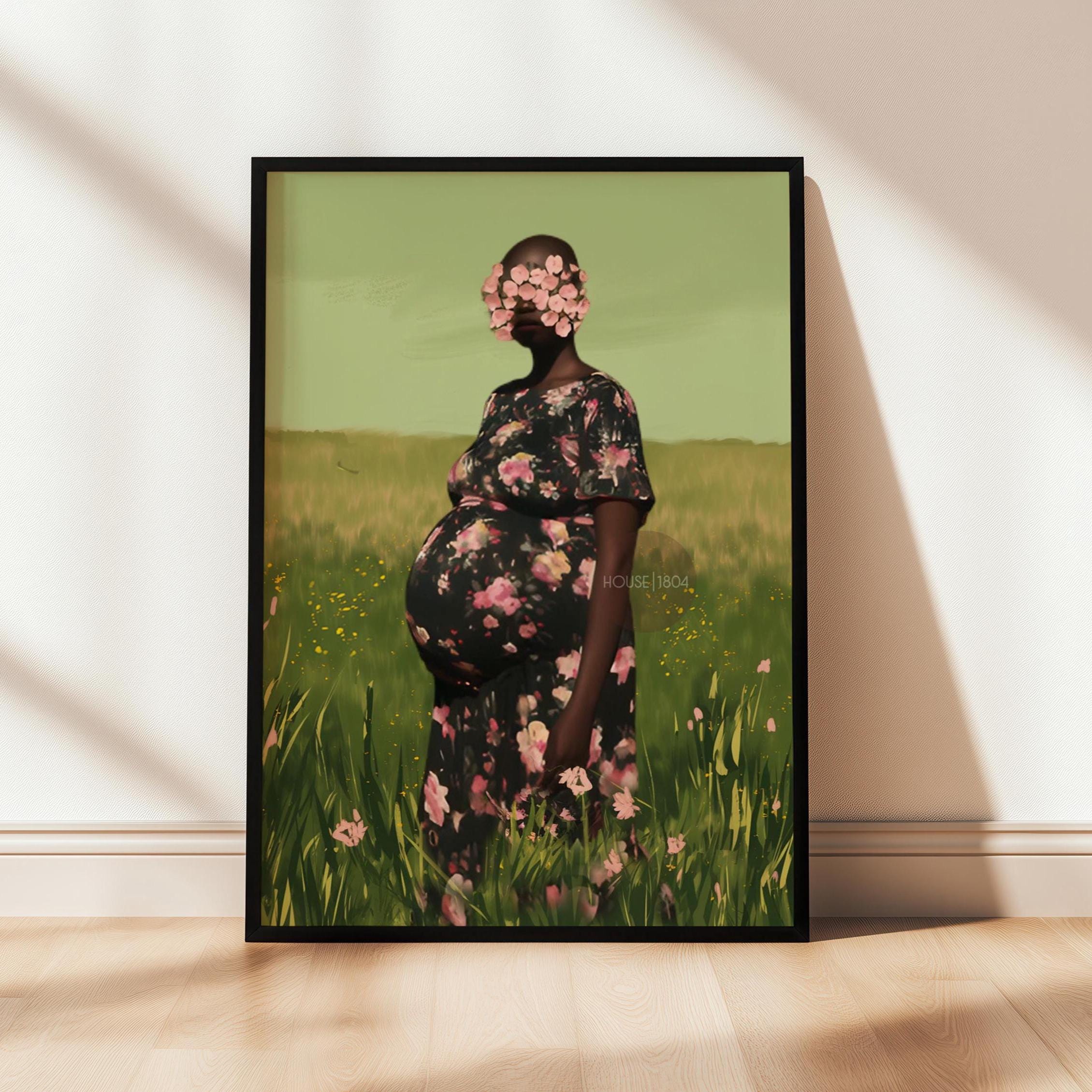 Black Pregnancy Wall Art: Colorful Motherhood, Pink and Green
