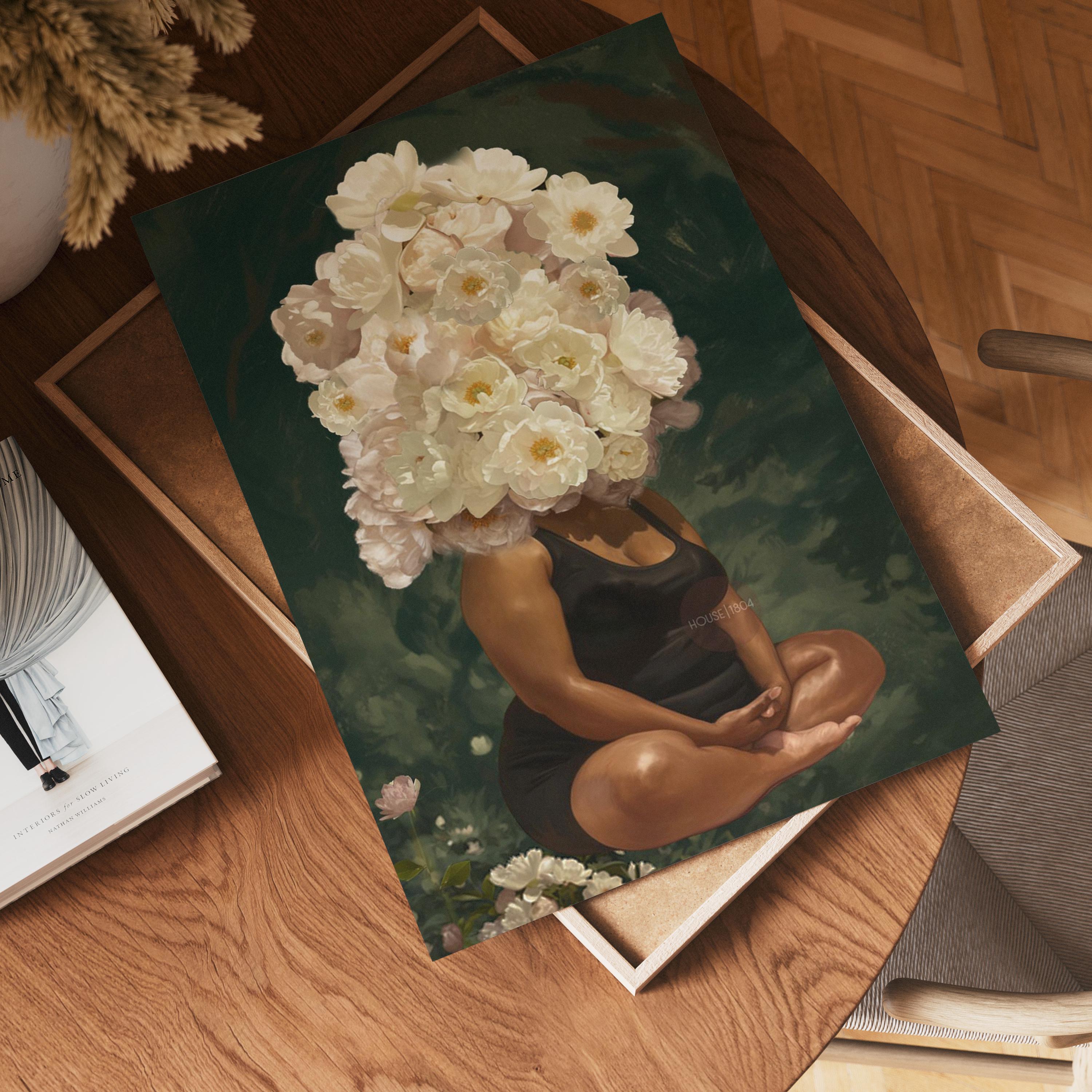 Curvy Black Woman Meditation: Meditative Wall Art Green