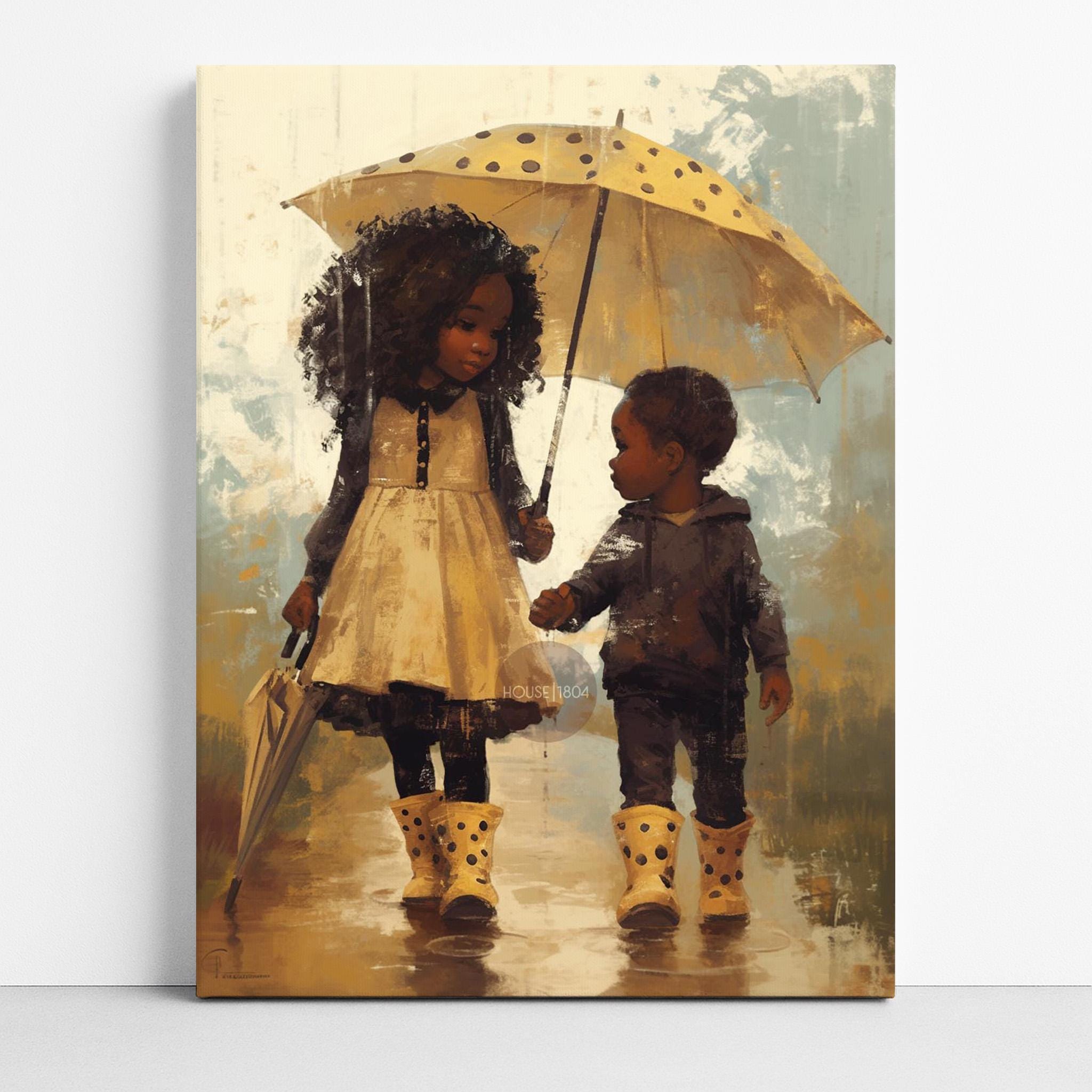 Black Sibling Art Print: Brother and Sister in Rain