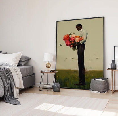 Black Man Flower Canvas Art Print: Floral Portrait Framed