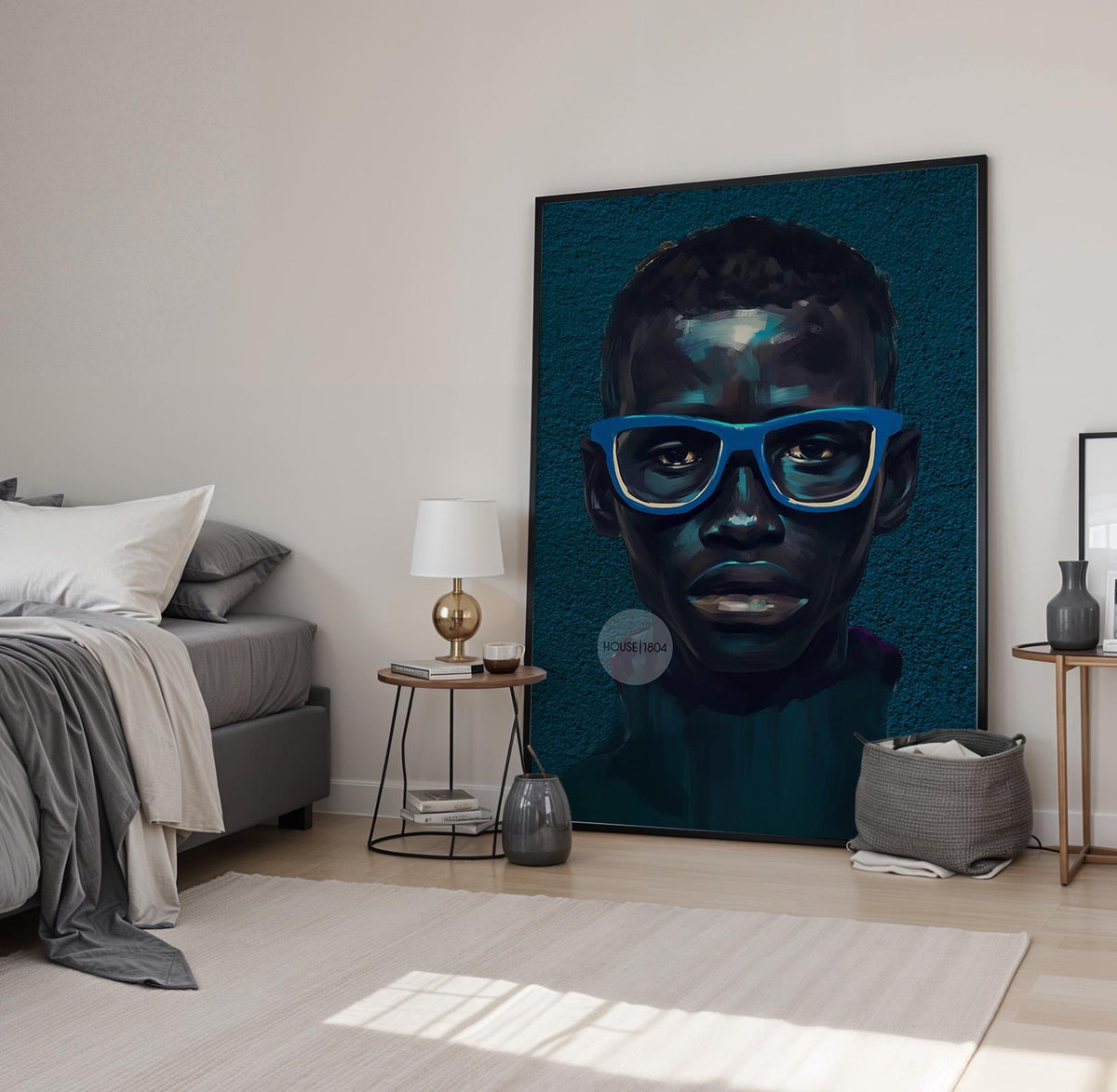Modern Black Boy Art, Blue Portrait Art Fine Print Canvas | Framed or Unframed