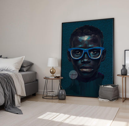 Modern Black Boy Art, Blue Portrait Art Fine Print Canvas | Framed or Unframed