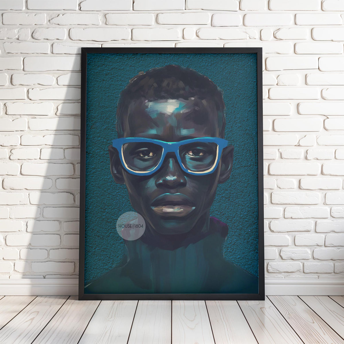Modern Black Boy Art, Blue Portrait Art Fine Print Canvas | Framed or Unframed