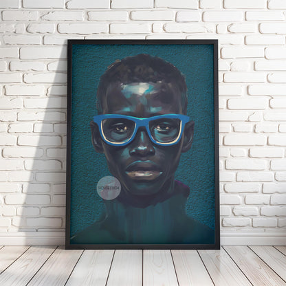 Modern Black Boy Art, Blue Portrait Art Fine Print Canvas | Framed or Unframed