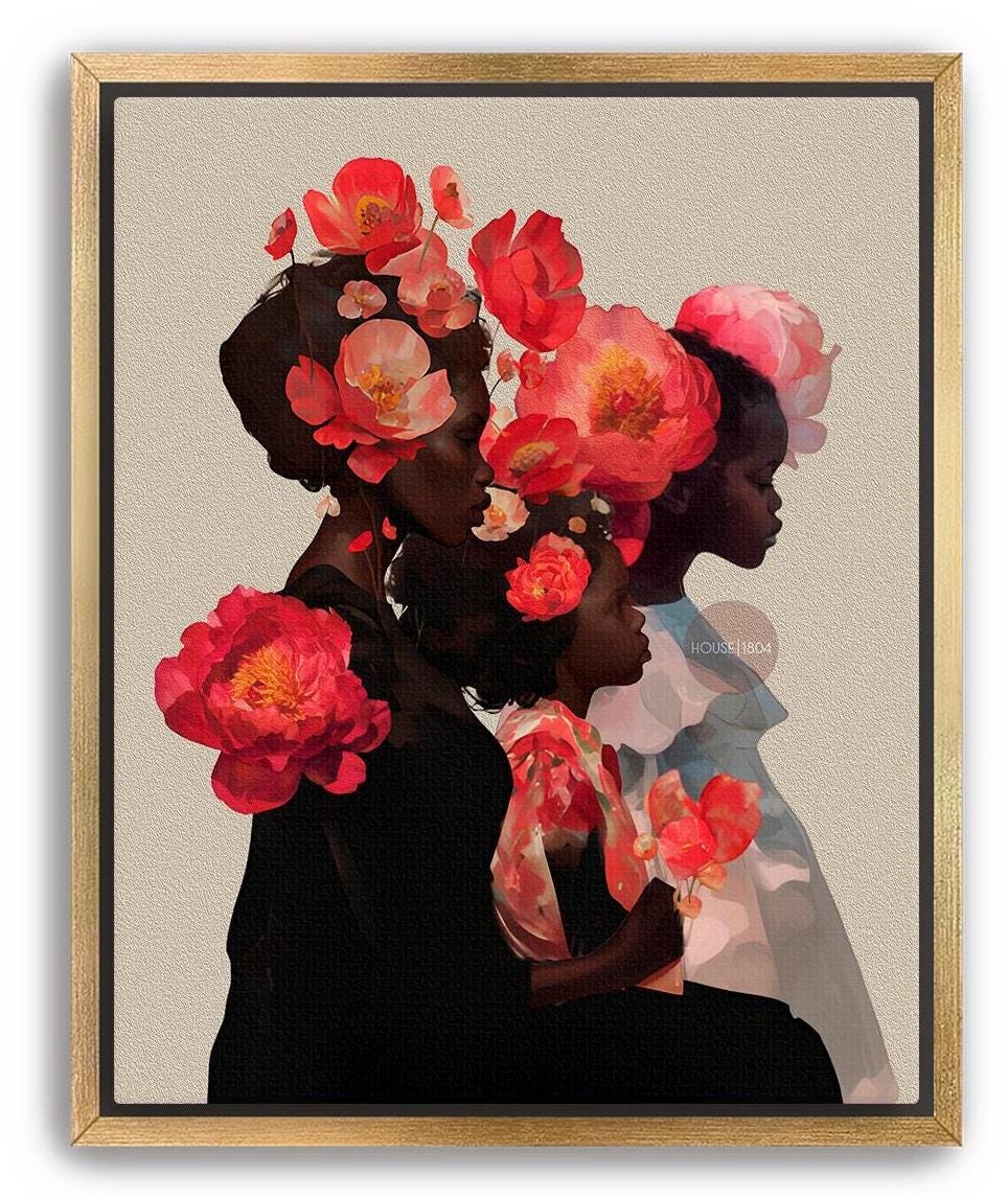 Black Mother and Two Daughters Framed Canvas Wall Art Print: