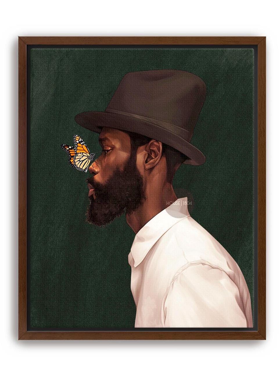 Black Man Side Top Hat Art Print: Butterfly, Afrocentric Green Art Decor