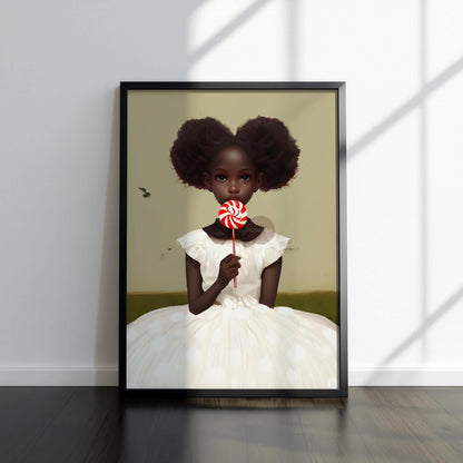Little Black Girl Wall Art, Lollipop Art, Black Girl Princess Art