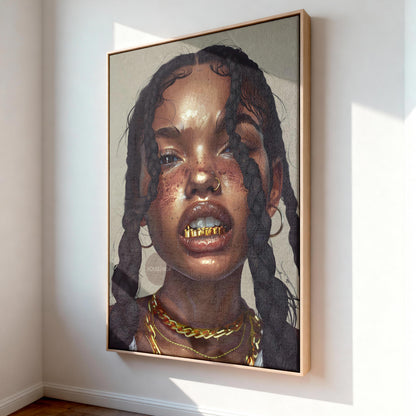 Black Girl Canvas Artwork: African American Grillz Art Print, Urban Boho Neutral Decor