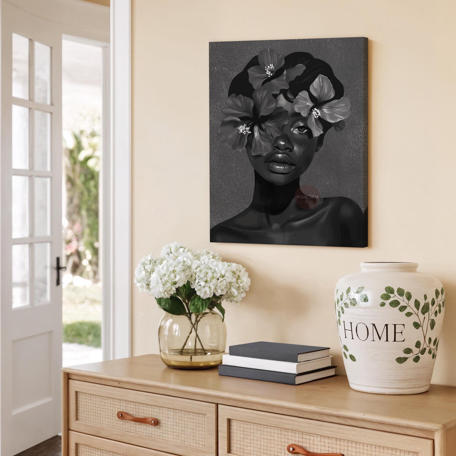 Black Woman Flower Art Print: Monochrome Portrait Wall Art
