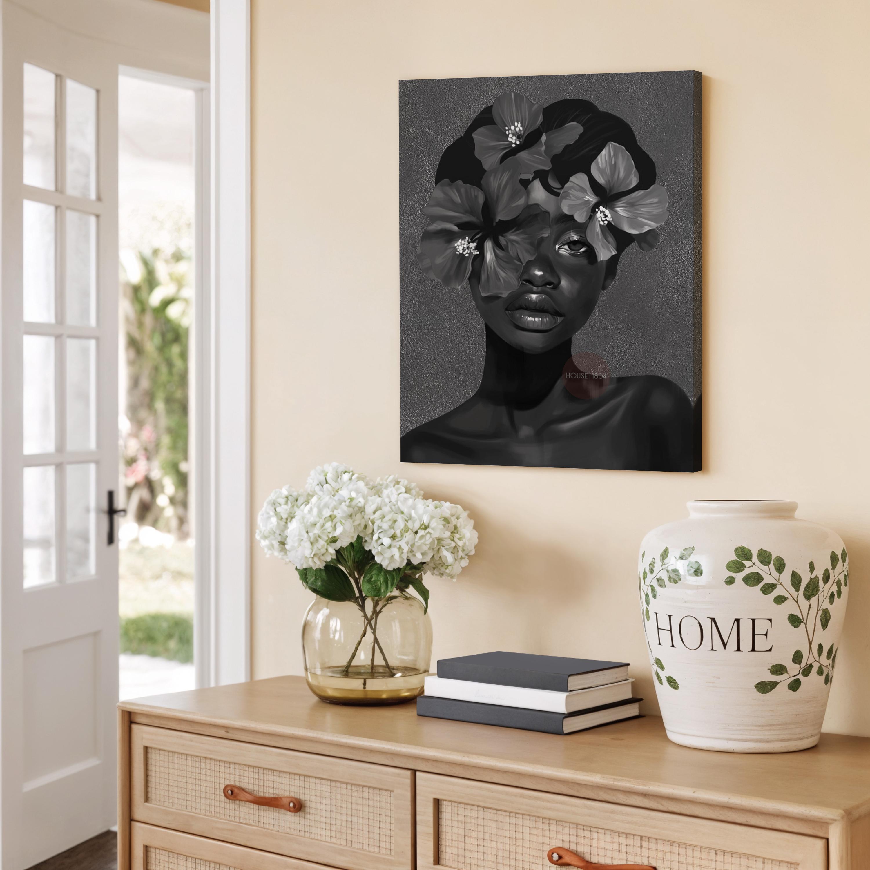 Black Woman Flower Art Print: Monochrome Portrait Wall Art