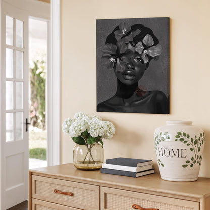 Black Woman Flower Art Print: Monochrome Portrait Wall Art