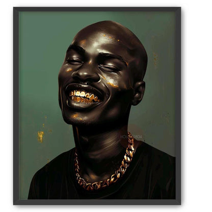 Bald Black Man Art Print: Gold Grillz, Urban African American Modern Art