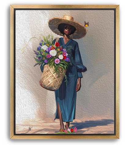 Black Woman Floral Canvas Art, Tropical Botanical Woman Portrait, Plant Lady with Flowers Canvas Art