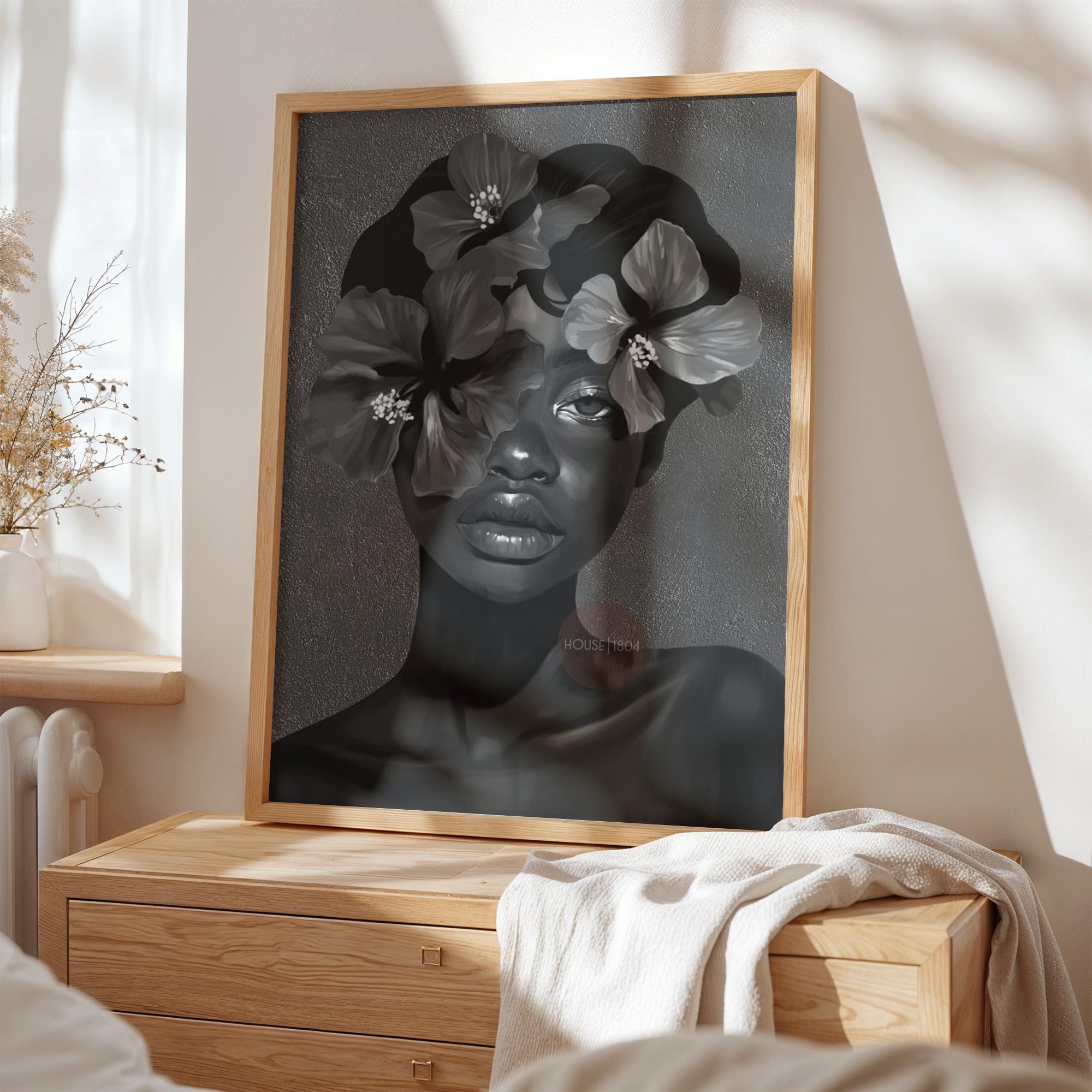 Black Woman Flower Art Print: Monochrome Portrait Wall Art
