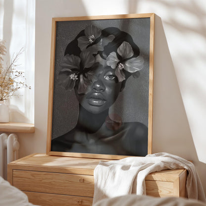 Black Woman Flower Art Print: Monochrome Portrait Wall Art