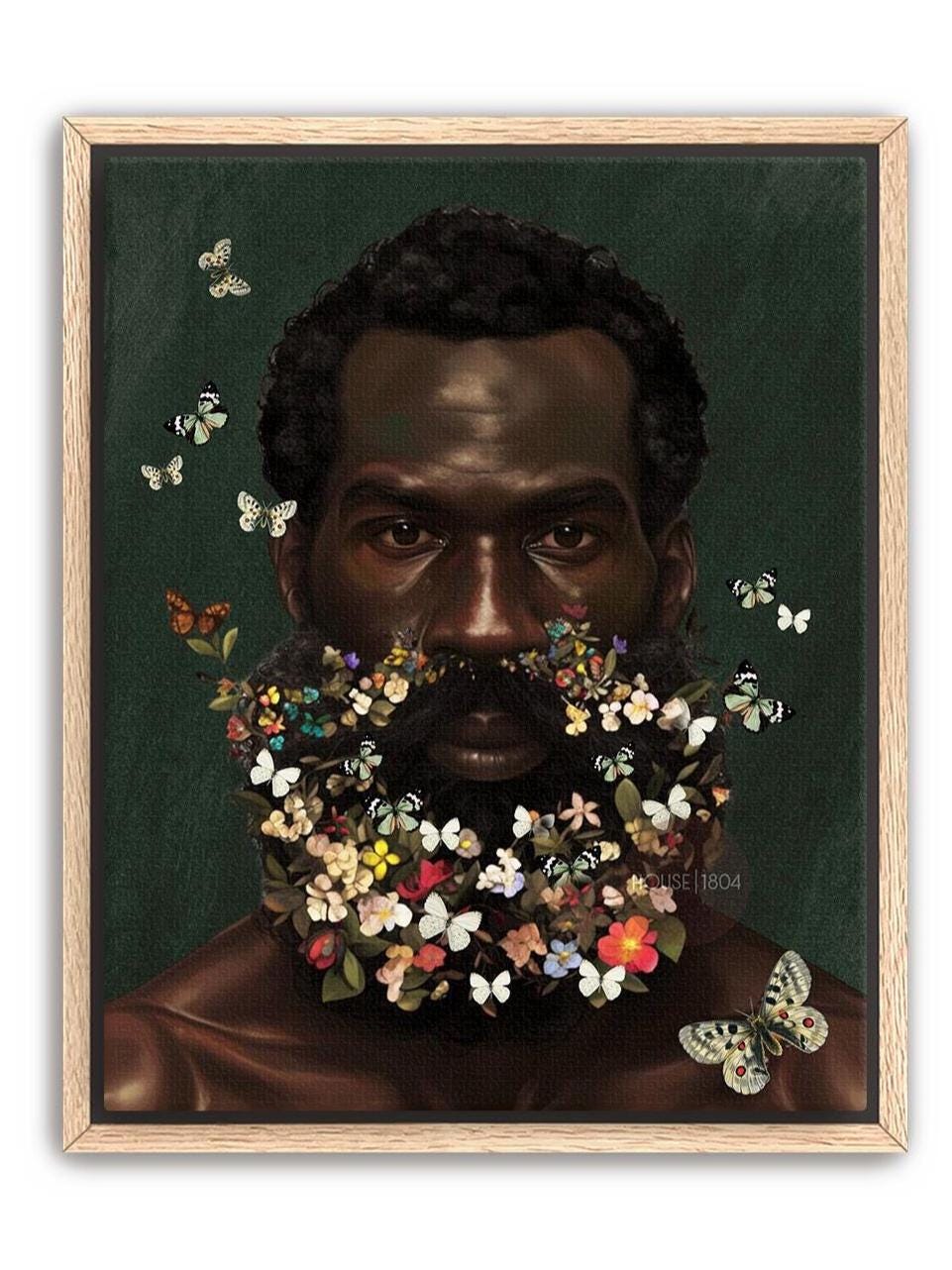 Floral Beard Art Print: Masculine Black Art, Melanin Home Decor