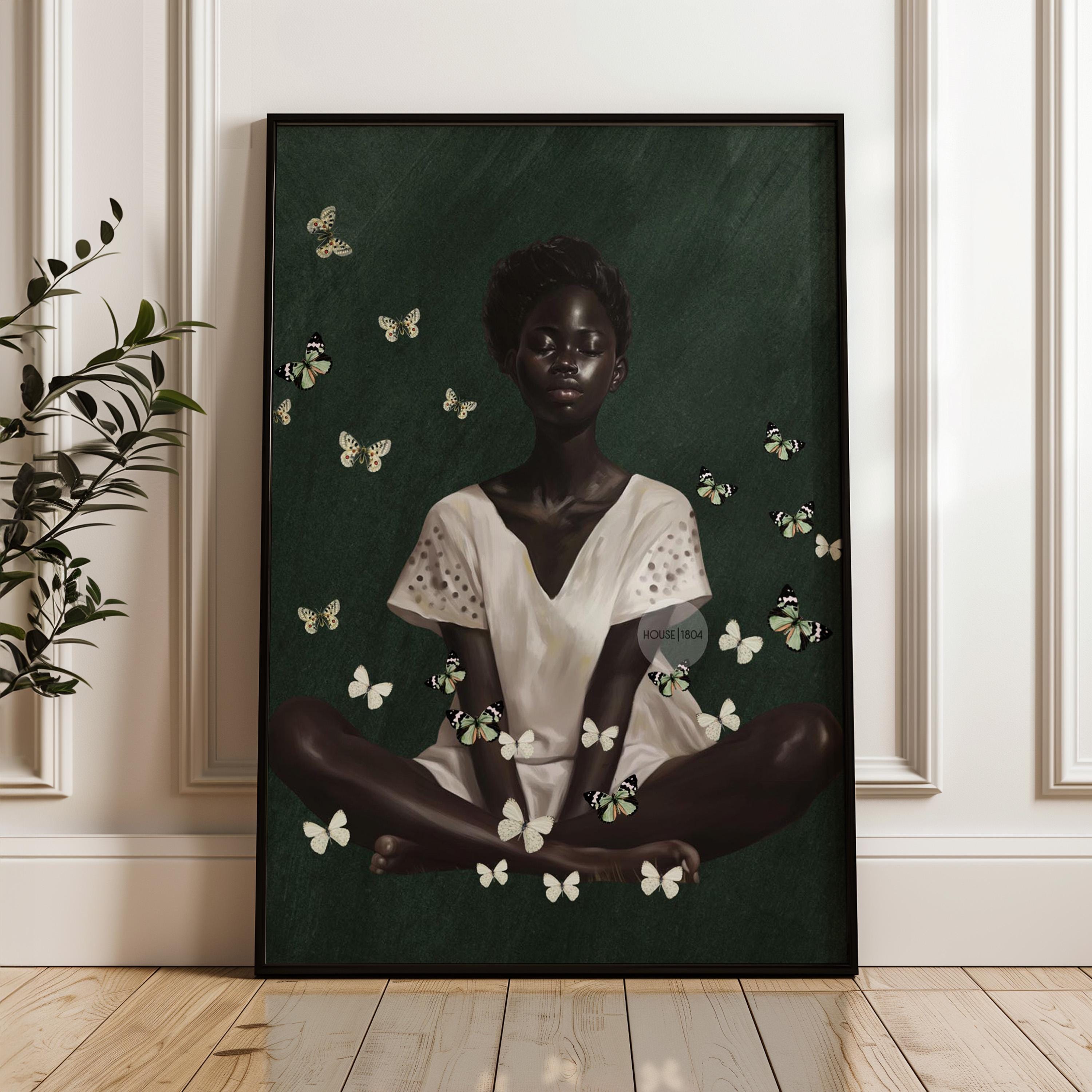 Black Woman Wall Art – Deep Green Serene Art Print With White Butterfly Portrait