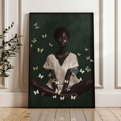 Black Woman Wall Art – Deep Green Serene Art Print With White Butterfly Portrait