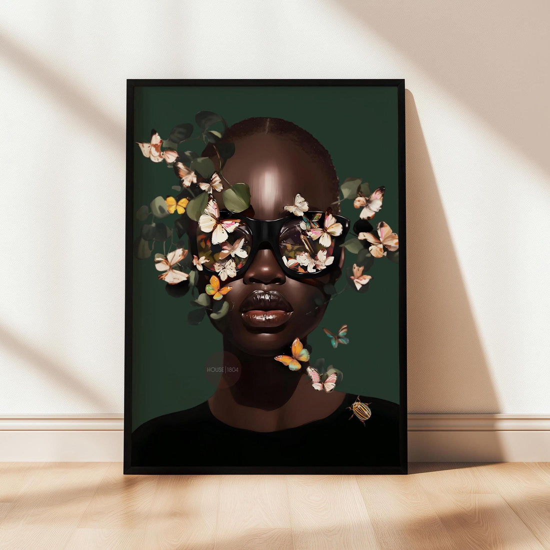 Black Woman Art Print: Green Tone, Floral Afrocentric Decor