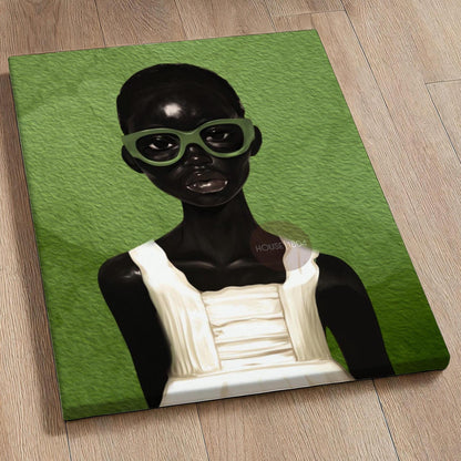 Black Girl Portrait Abstract Art: Green Bohemian Print, Urban Home Canvas