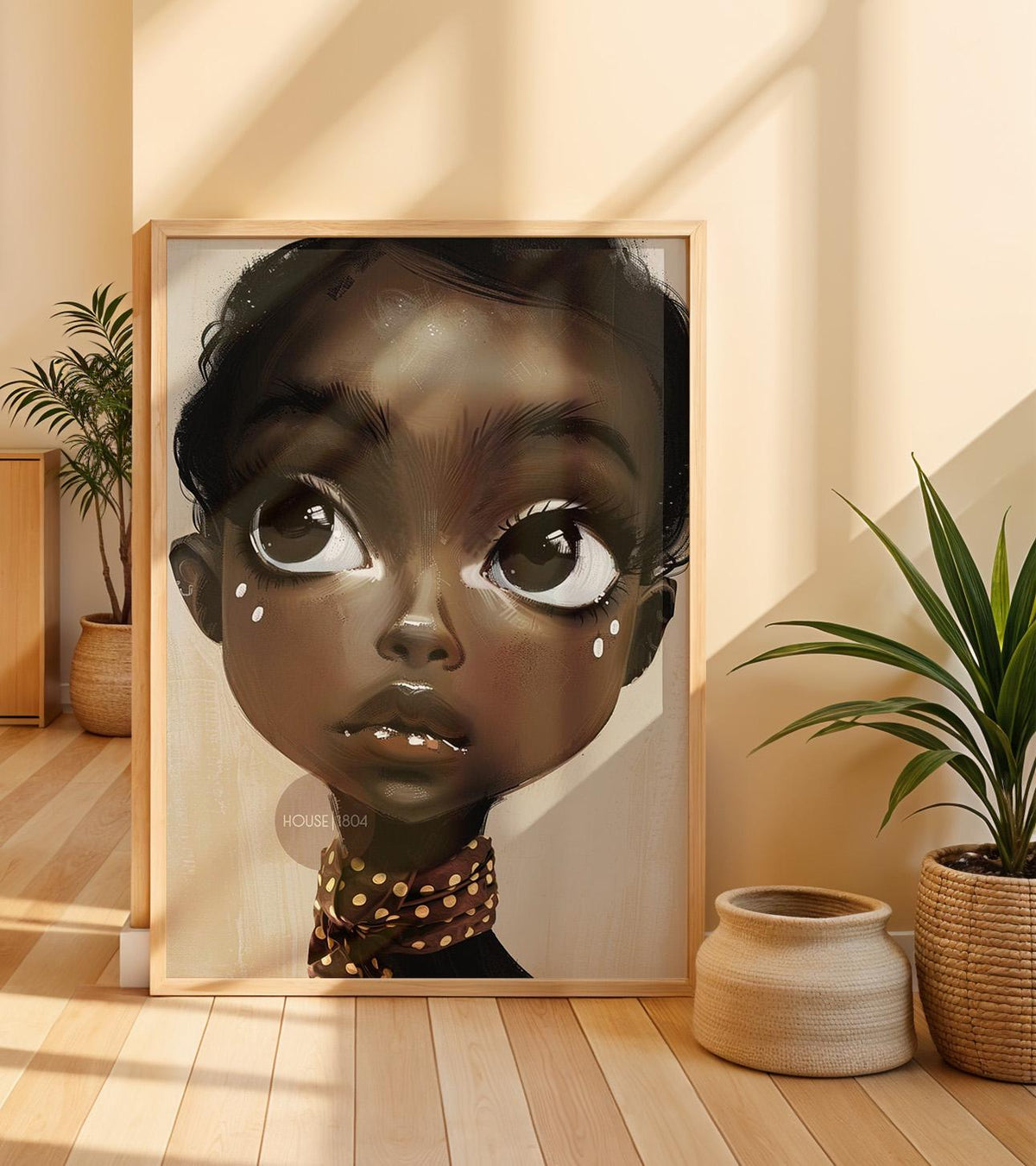 Black Girl Wall Art, Surreal Big Eye Portrait Print, Canvas Framed and Framed
