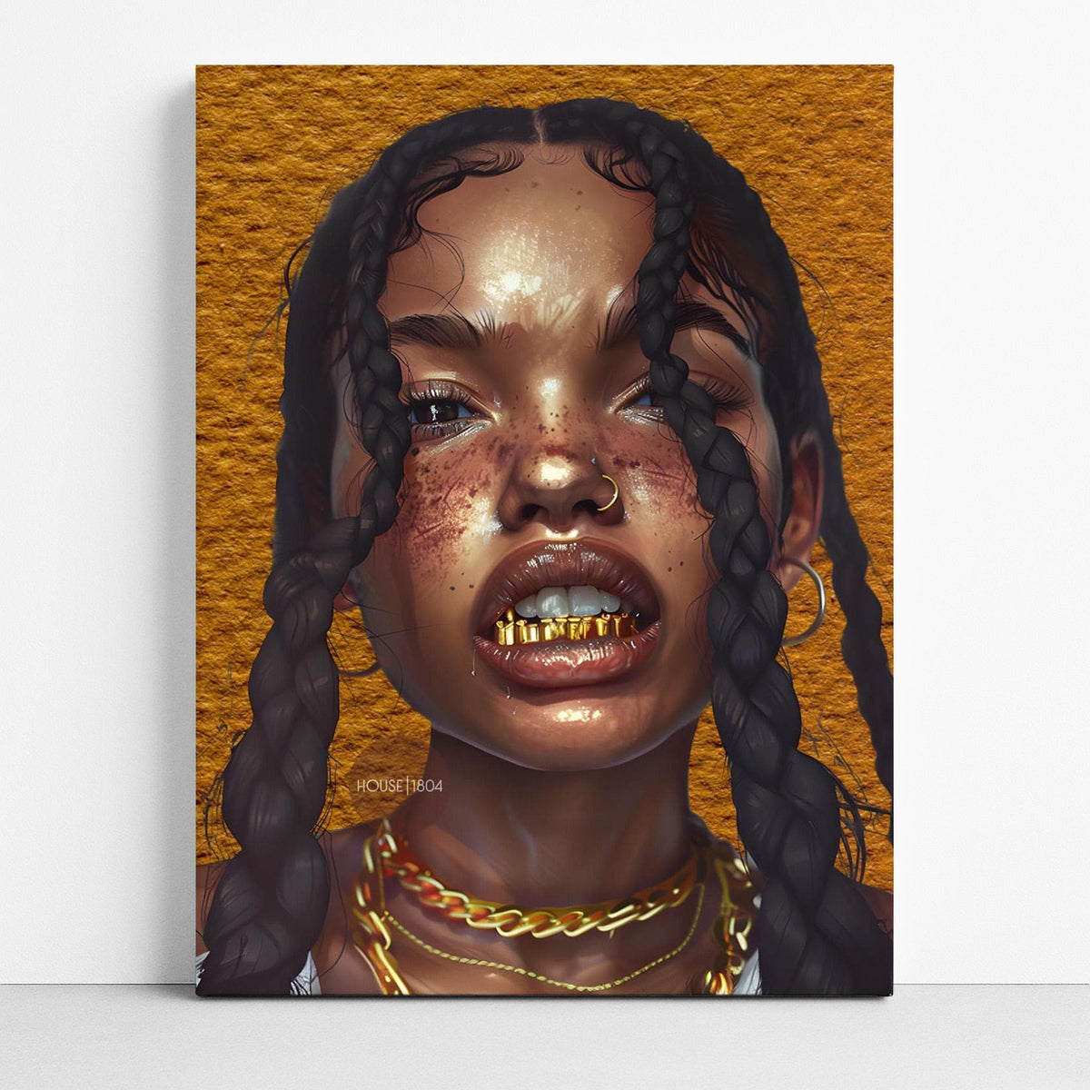 Black Woman Wall Canvas Art, Urban Afro Latina Canvas, Gold Grillz Print