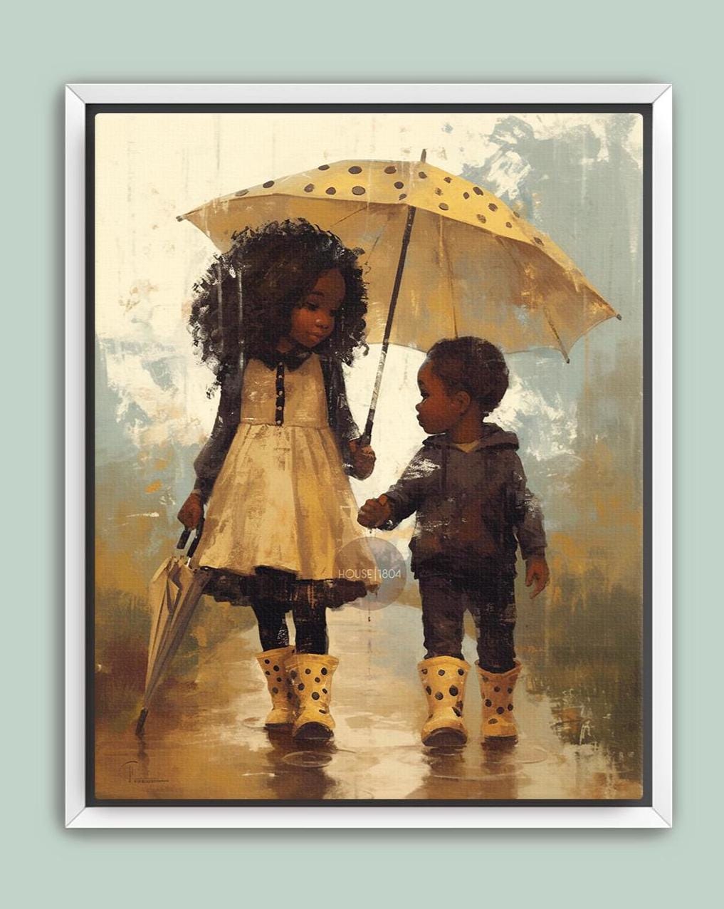 Black Sibling Art Print: Brother and Sister in Rain