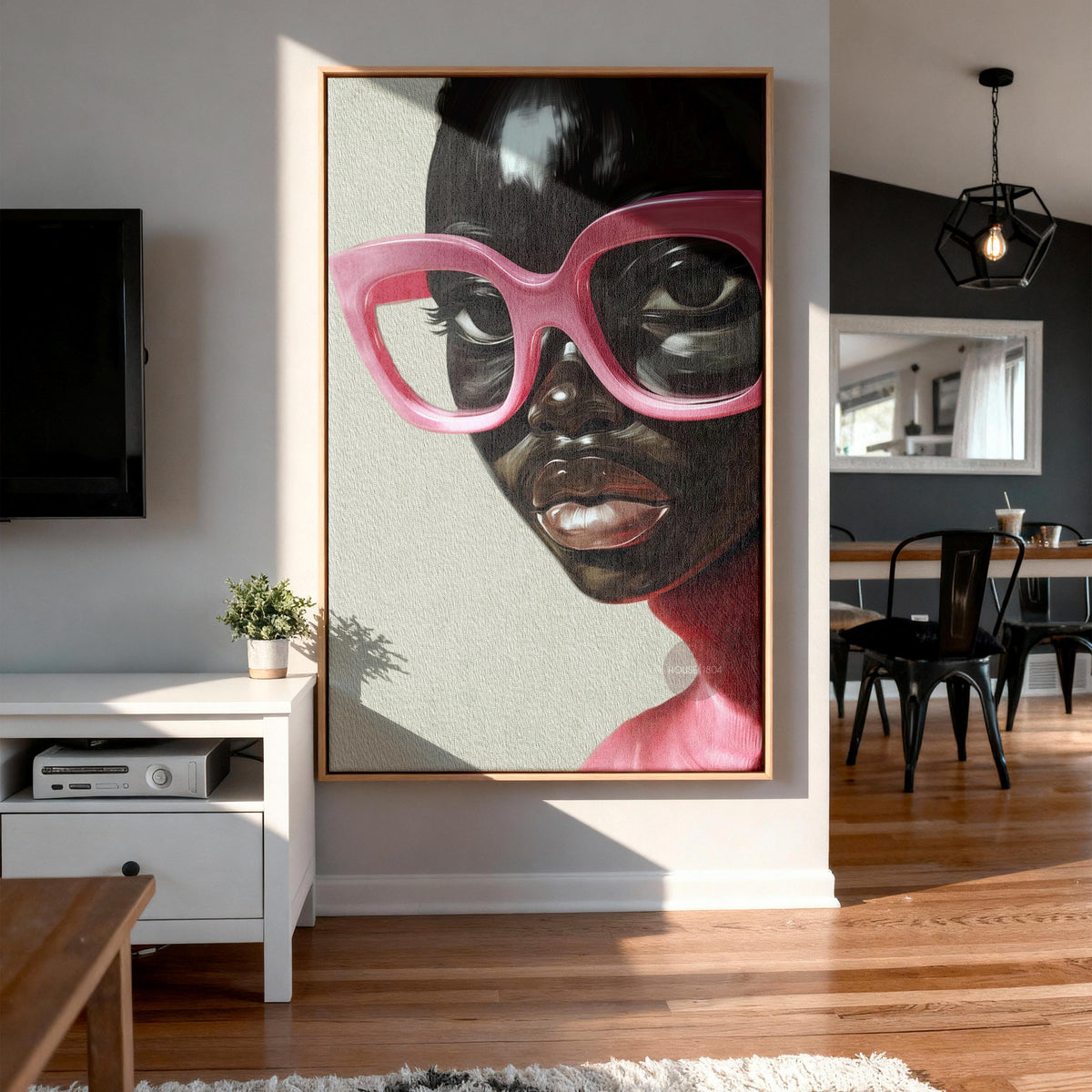 Black Woman Wall Art, Vintage Glasses, Afrocentric Glamour Canvas Print, Pink