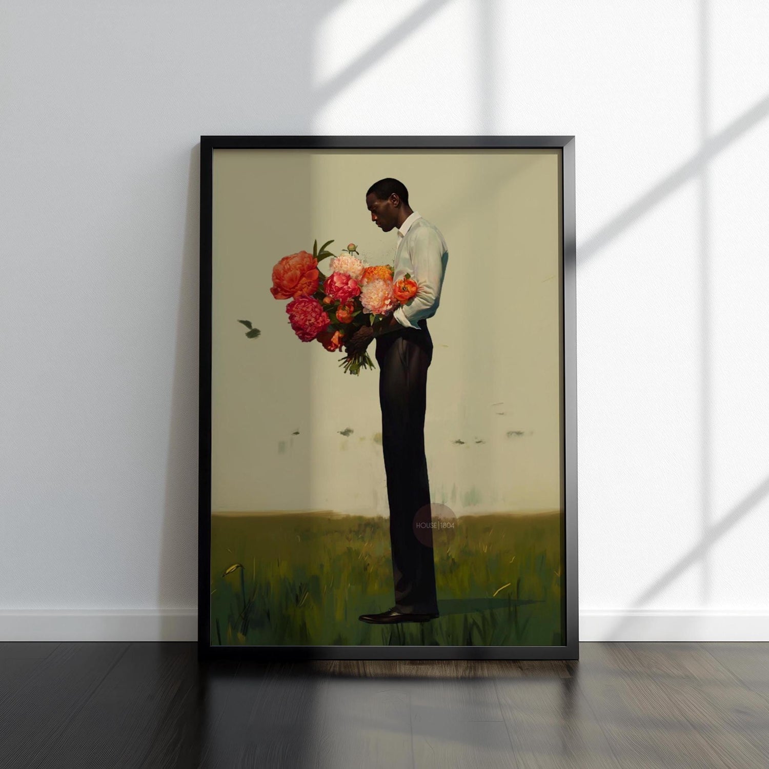 Black Man Flower Canvas Art Print: Floral Portrait Framed