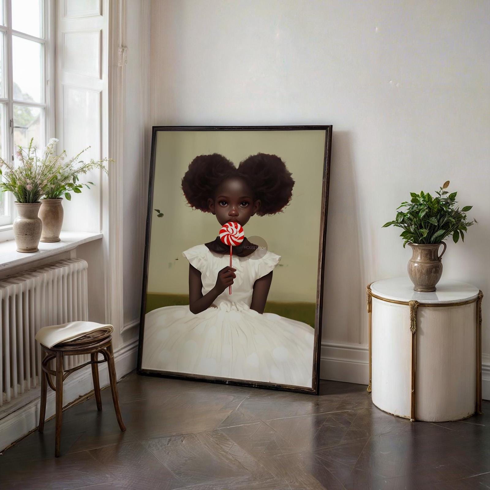 Little Black Girl Wall Art, Lollipop Art, Black Girl Princess Art
