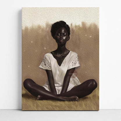 Black Woman Relaxing Wall Art – Afrocentric Canvas, Melanin Decor, Beige Luxury Print