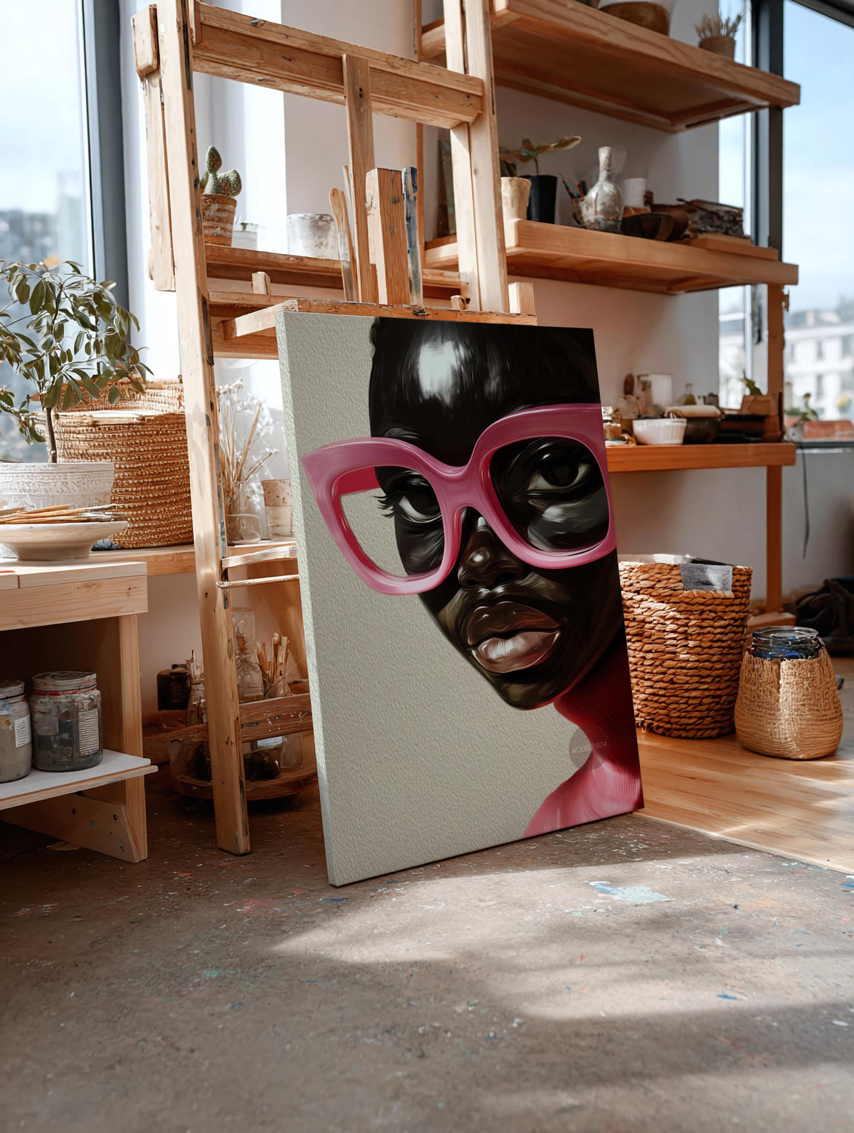 Black Woman Wall Art, Vintage Glasses, Afrocentric Glamour Canvas Print, Pink
