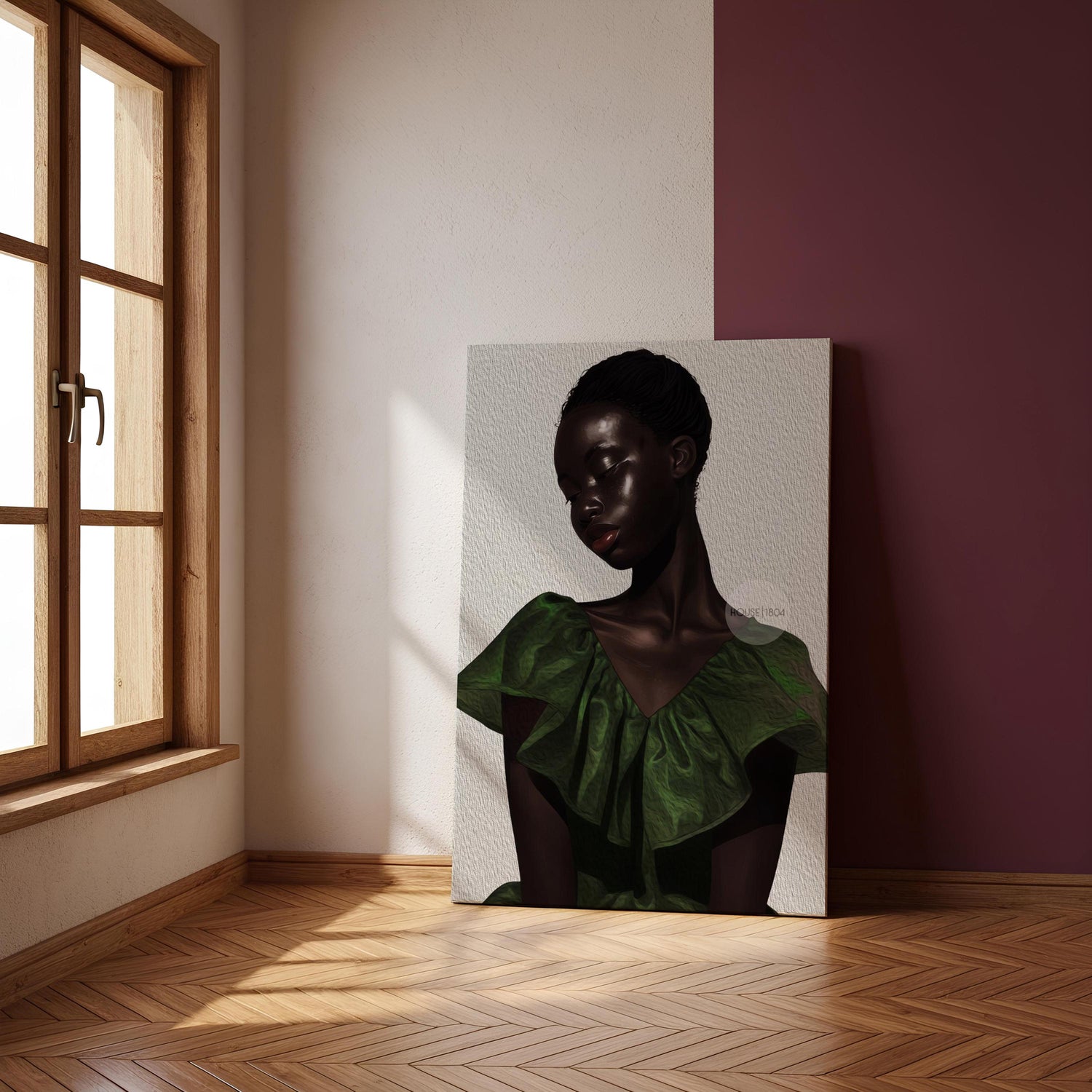 a large portrait of a woman with a green dress, displayed in a room with a wooden floor and a window.