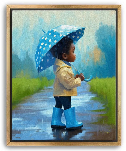 A young child in a yellow raincoat and blue rain boots stands on a wet path, holding a blue umbrella with white polka dots.