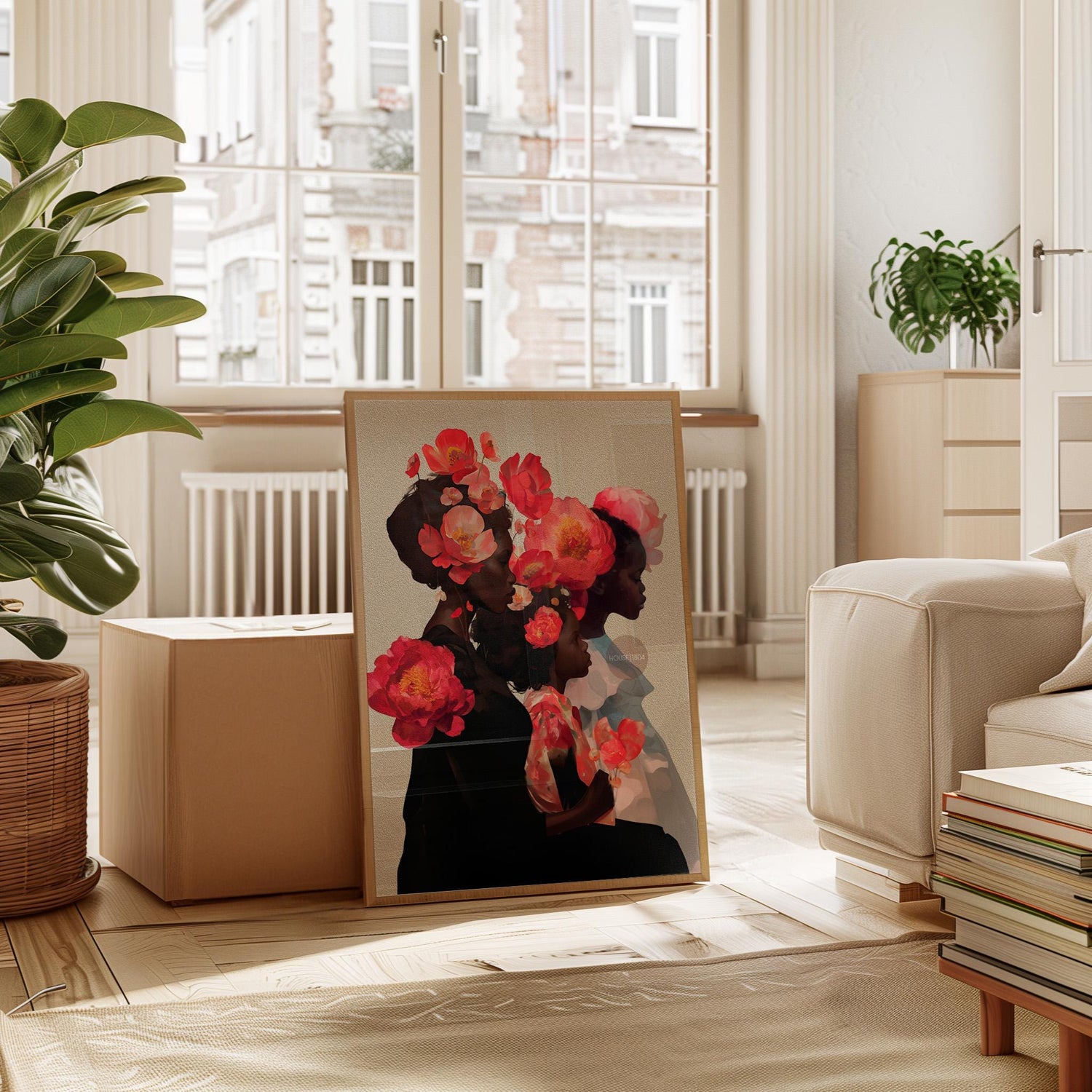 Black Mother and Two Daughters Framed Canvas Wall Art Print: