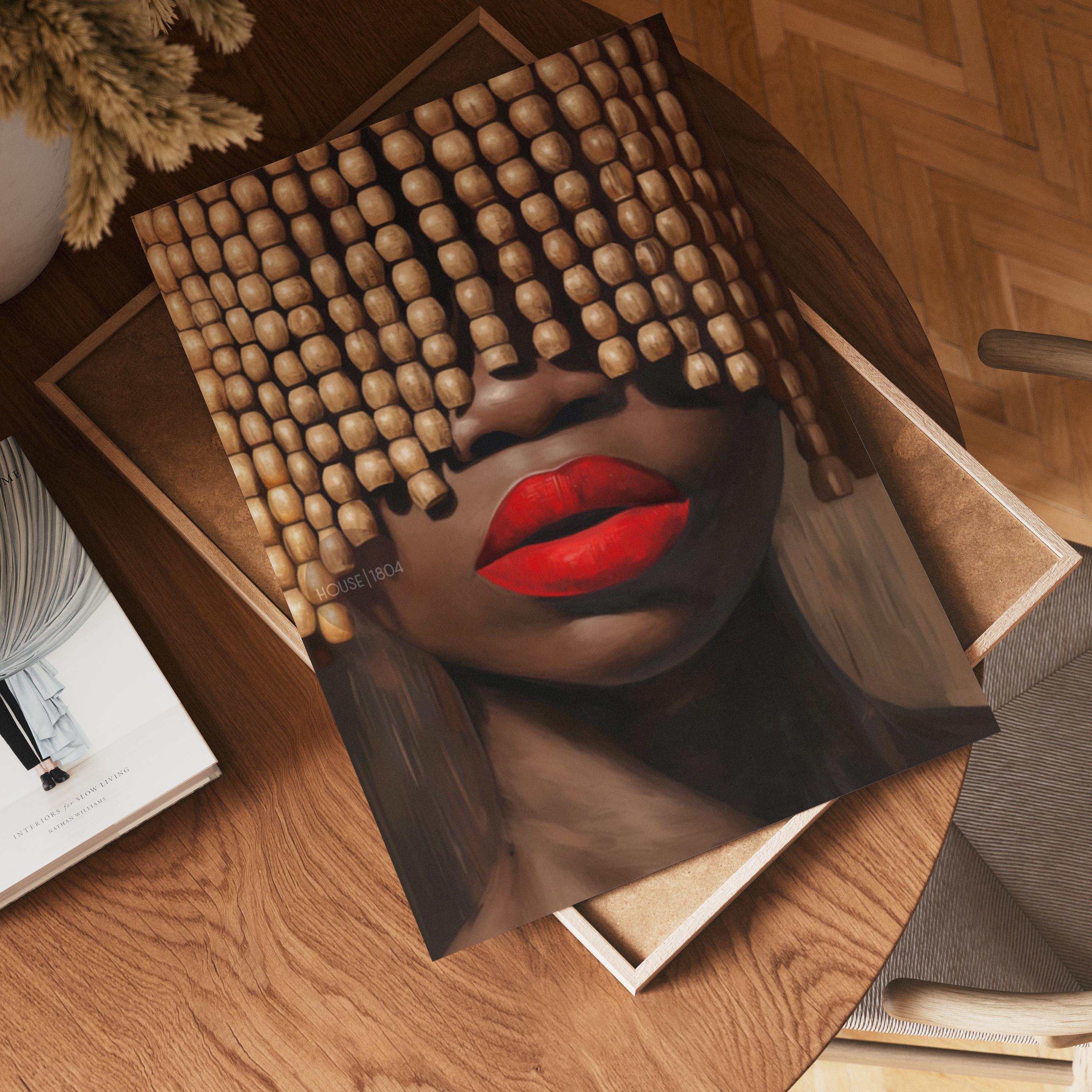 Black Woman Art Print: Beaded Headpiece Wall Art, Bold Black Woman Wall Art, Black Interior Design Print, African American Canvas Decor