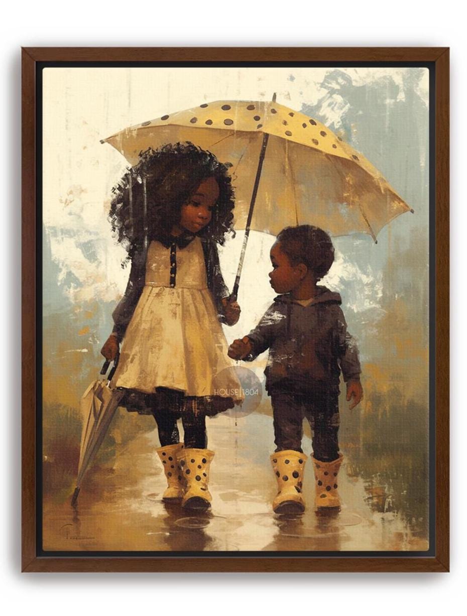 Black Sibling Art Print: Brother and Sister in Rain