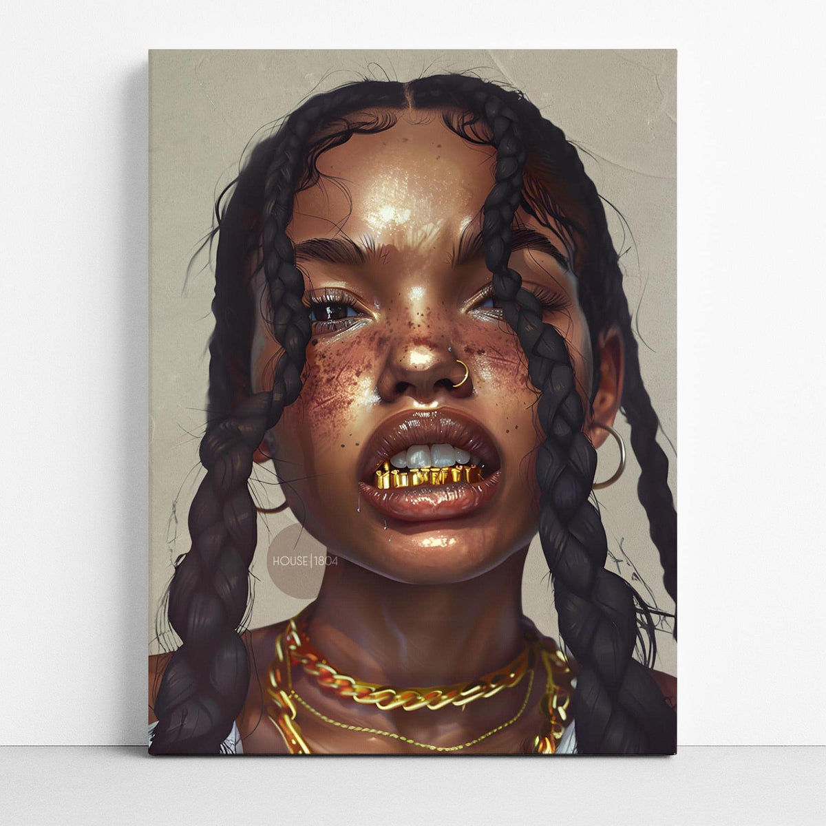 Black Girl Canvas Artwork: African American Grillz Art Print, Urban Boho Neutral Decor