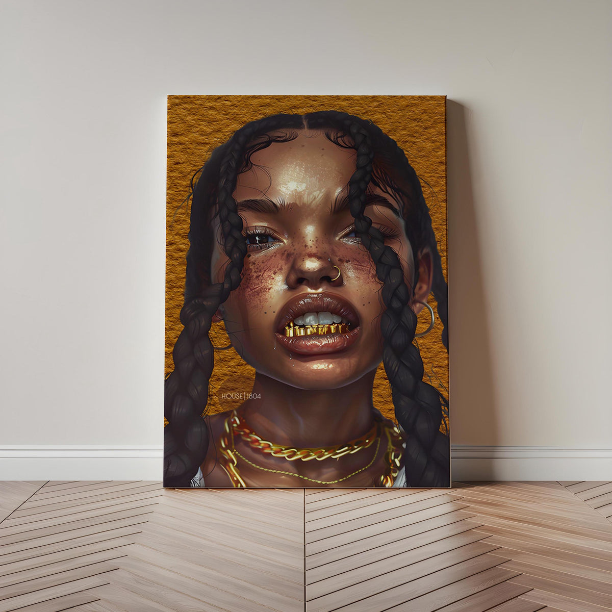 Black Woman Wall Canvas Art, Urban Afro Latina Canvas, Gold Grillz Print