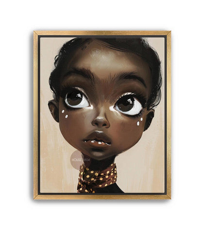 Black Girl Wall Art, Surreal Big Eye Portrait Print, Canvas Framed and Framed