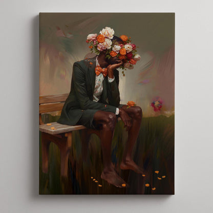 Afrocentric Man Floral Canvas Art, Black Masculine Portrait, Male Flower Head Artwork