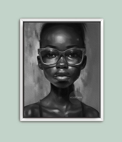 Black Woman Wall Art, Quirky Glasses Canvas Print Black White Art