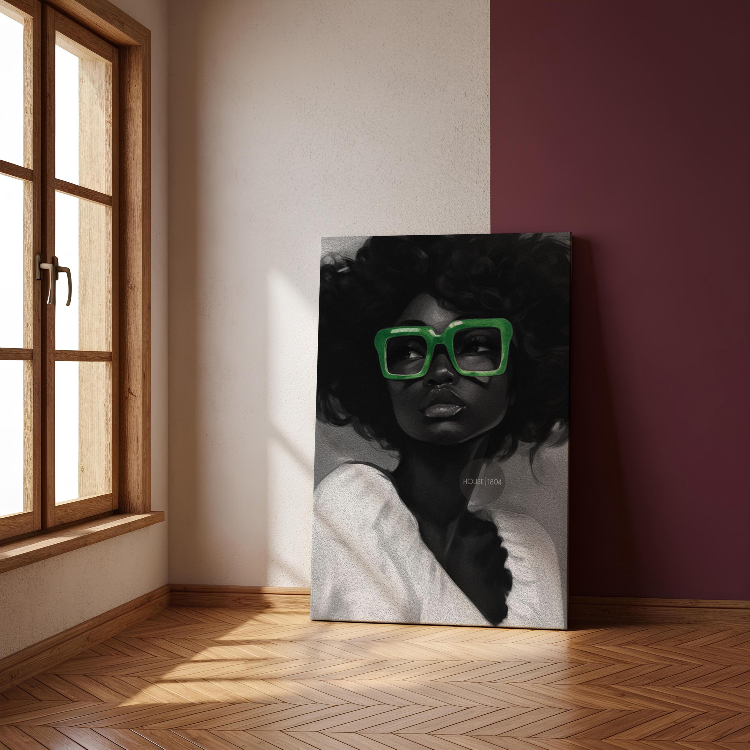 Black Woman Canvas Art - Bold Green Glasses Framed Black and White Portrait Print