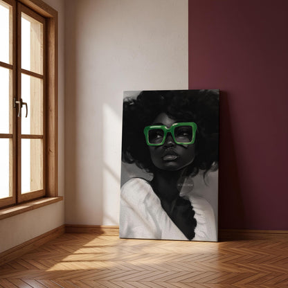 Black Woman Canvas Art - Bold Green Glasses Framed Black and White Portrait Print