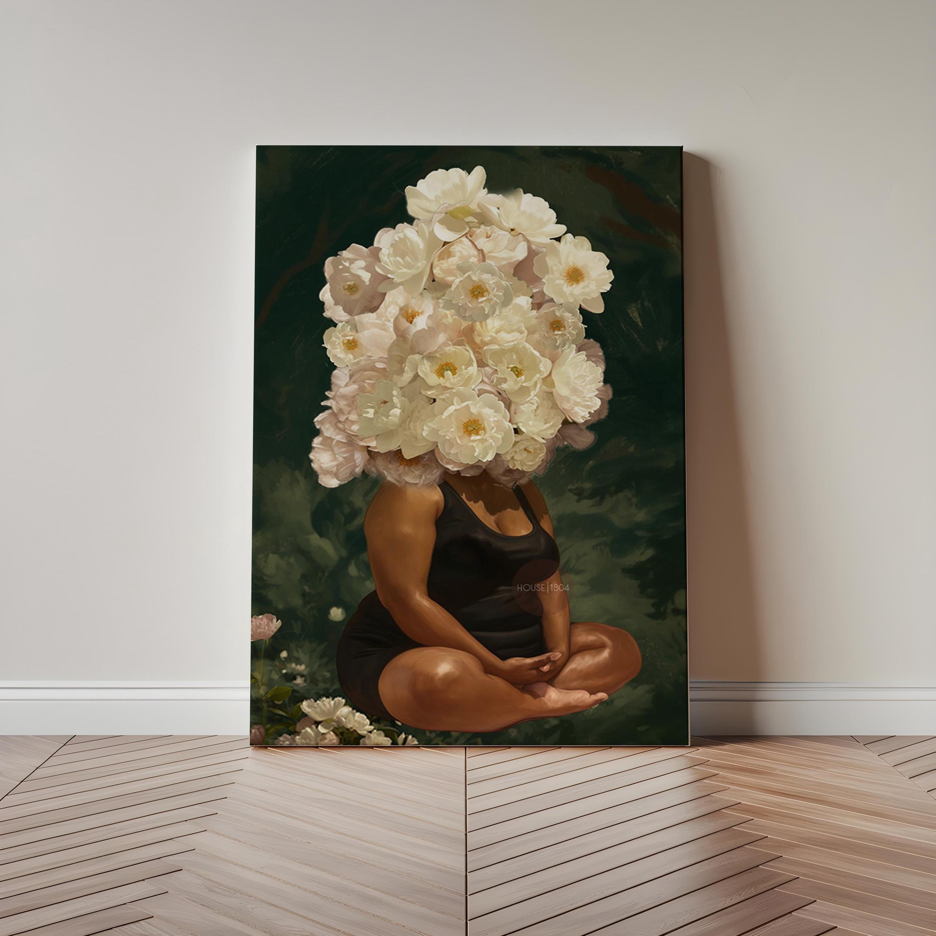Curvy Black Woman Meditation: Meditative Wall Art Green