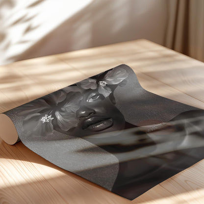 Black Woman Flower Art Print: Monochrome Portrait Wall Art