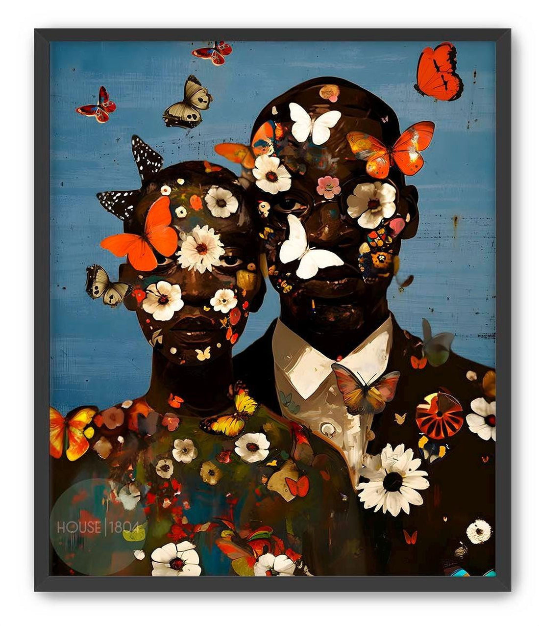 A couple, man and woman, with a faces covered in colorful, bold flowers and butterflies. The background is a digitally textured blue color with butterflies and flowers scattered throughout.