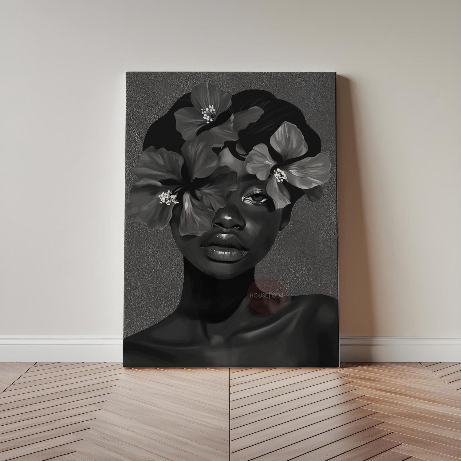 Black Woman Flower Art Print: Monochrome Portrait Wall Art