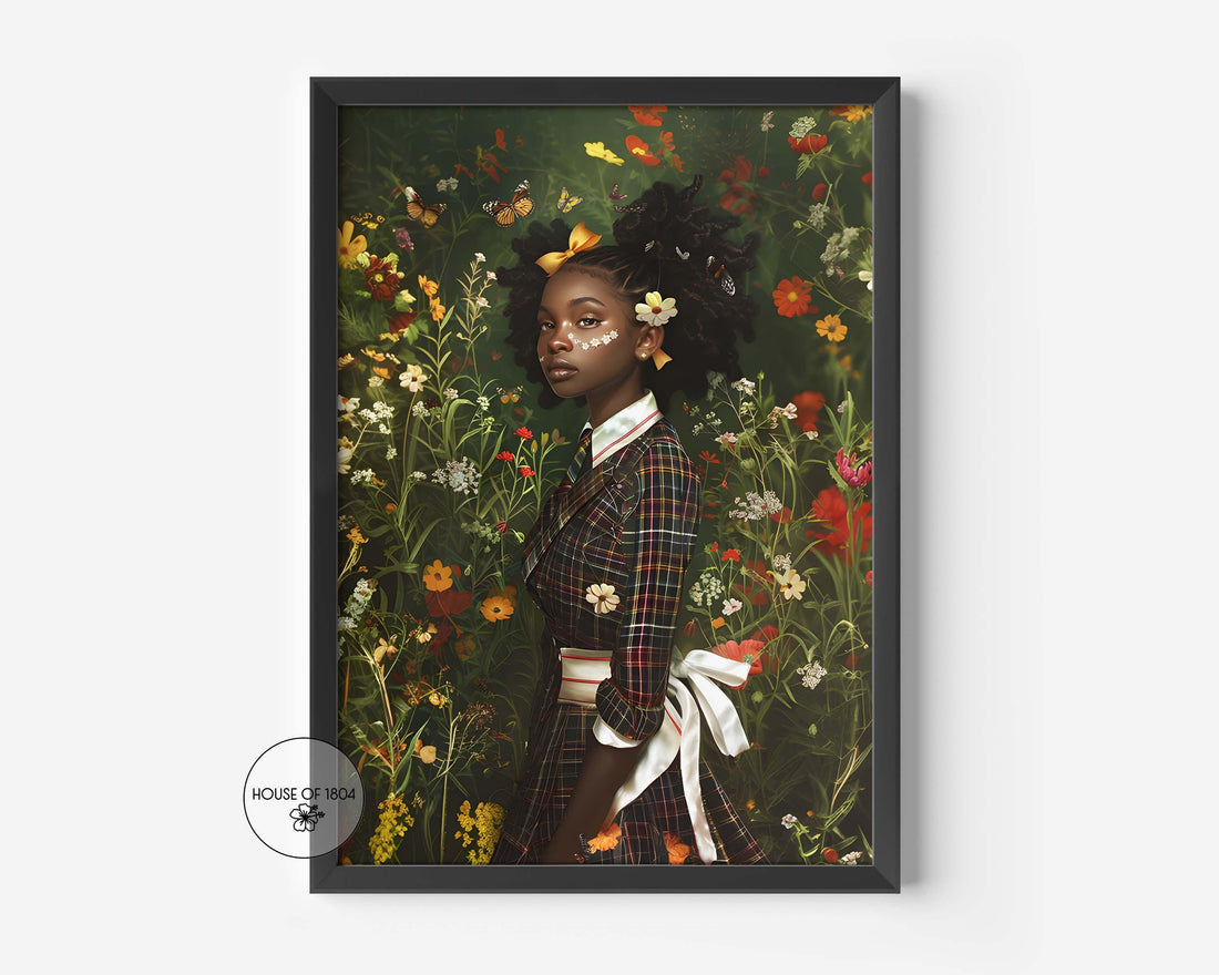 Black Art Print, Futuristic School Girl Art, Black Girl Art Print, Black Boho Floral Art, Haitian Art, Haitian Home Decor, Modern Haitian