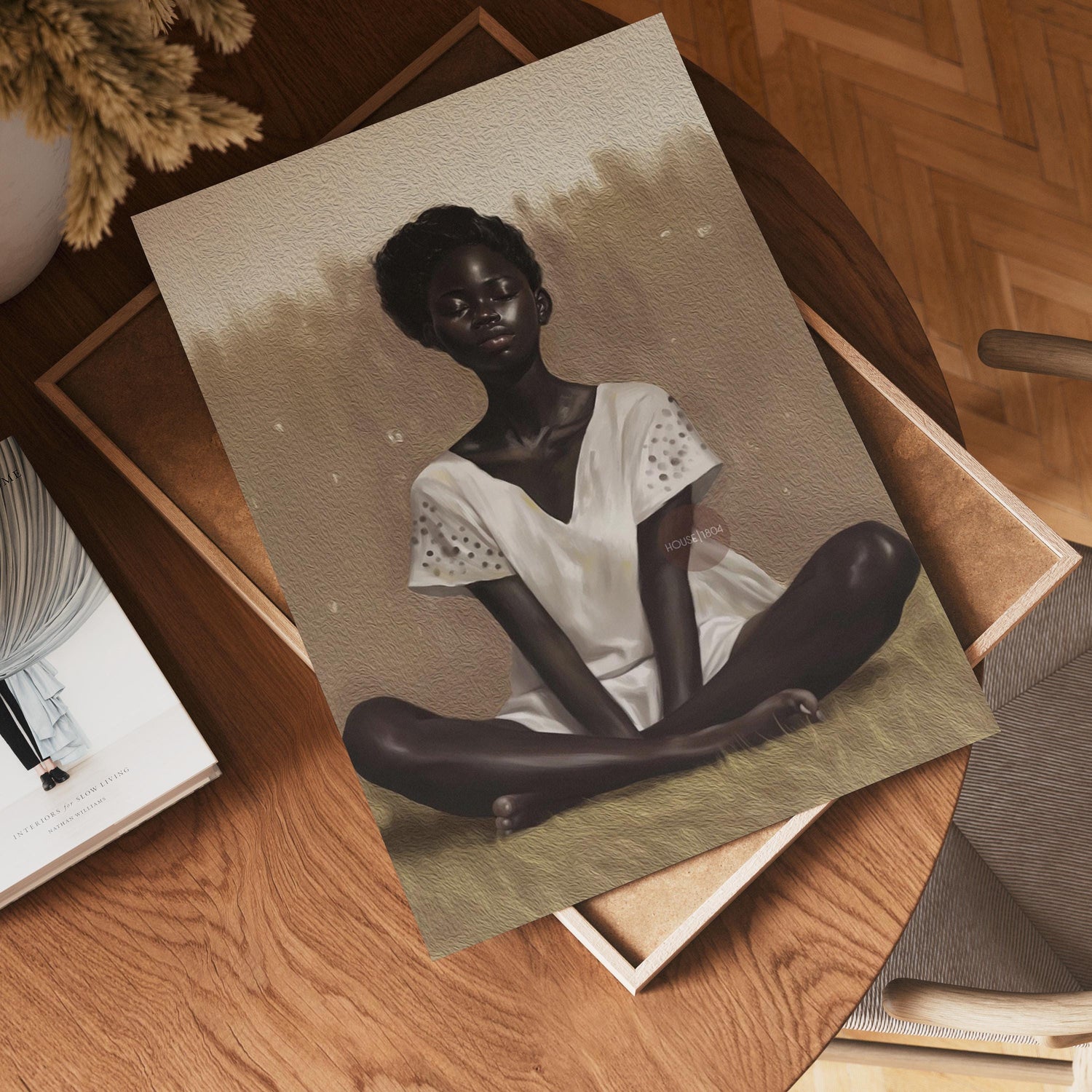 Black Woman Relaxing Wall Art – Afrocentric Canvas, Melanin Decor, Beige Luxury Print